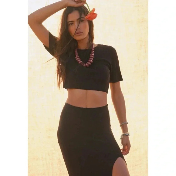 Free People Vivienne Skirt Set Two Piece FP Beach Crop Top Midi Skirt Black - Picture 1 of 10